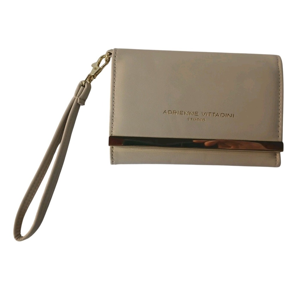 Adrienne Vittadini Tan & Gold‎ Bifold Wristlet Wallet Flower Lining #1206